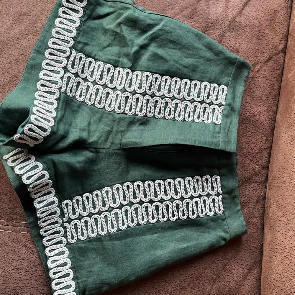 Anthropologie Green Shorts with White Embroidery